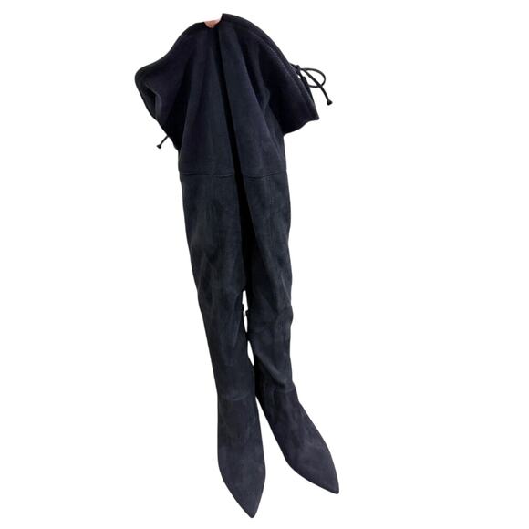 Aldo Black Faux Suede Thigh High Stiletto Boots Women's 9 Side Zip Pointy Toe - Picture 3 of 10